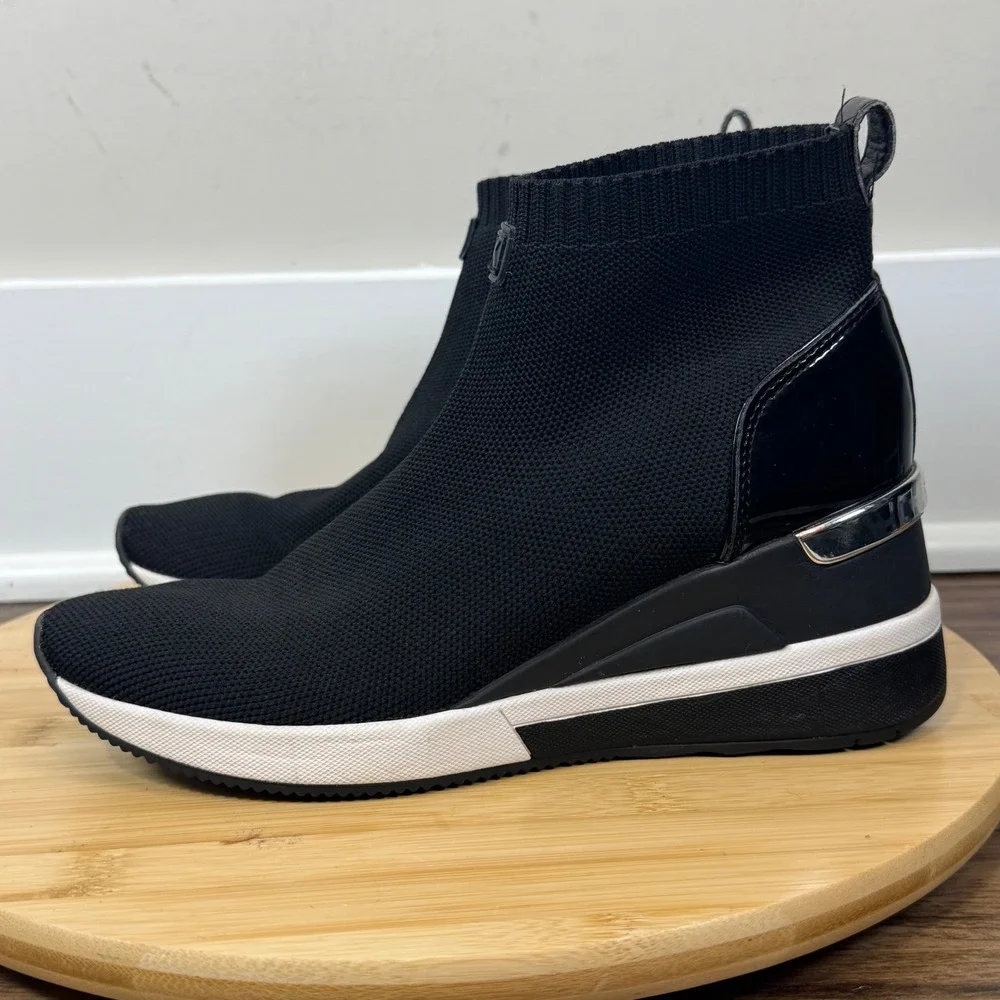 Michael‎ Kors Skyler Sock Sneakers Women 7/7.5? Black Wedge Patent Trim Sporty